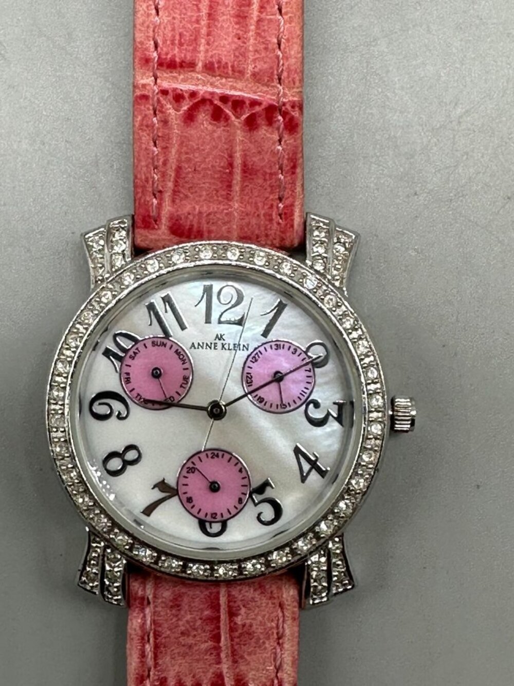 3/$30 Anne Klein Watch Women Silver Tone Mother of Pearl Dial Pink Band